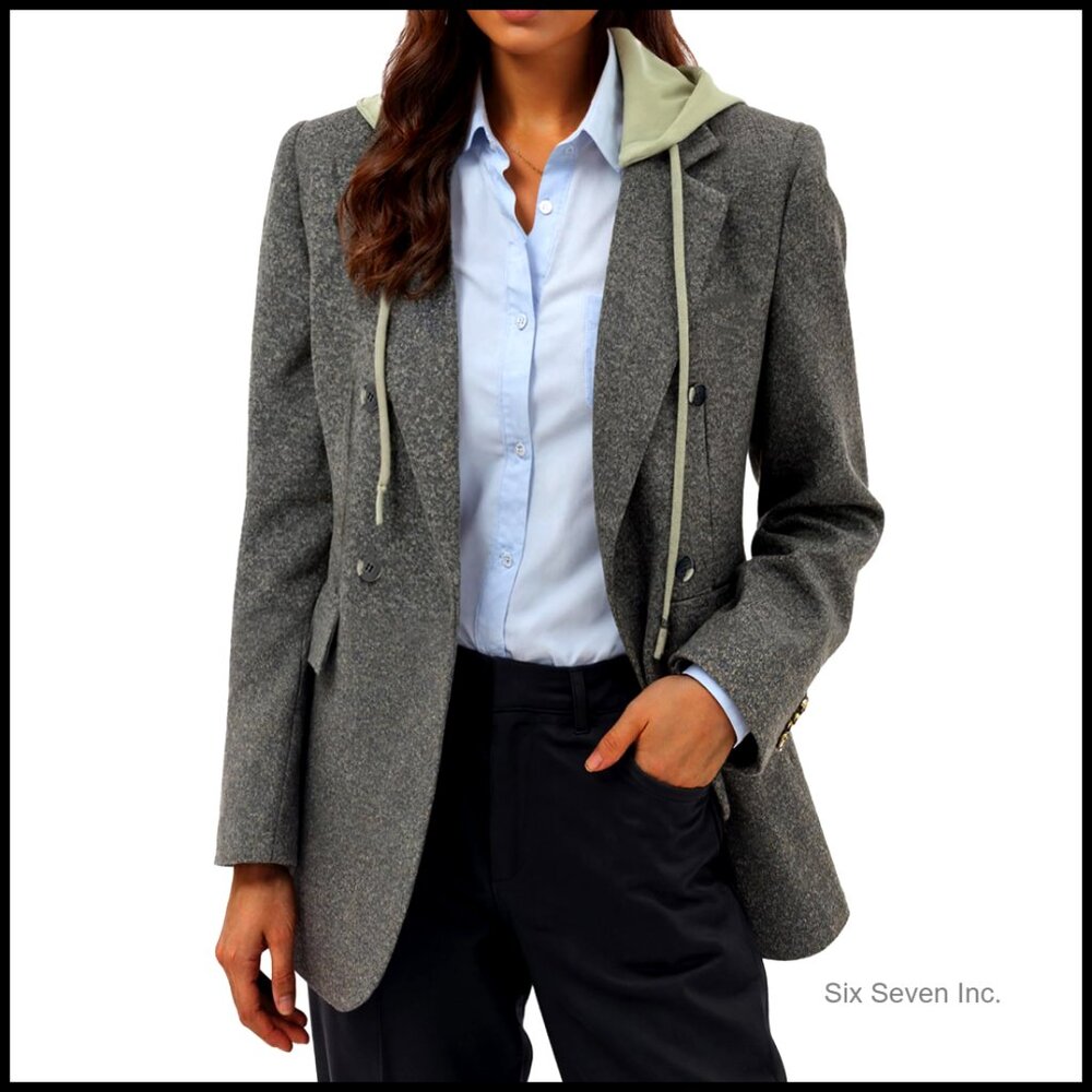 Wool Blend Hooded Blazer Jacket Double-Breasted Oversize Loose Fit
